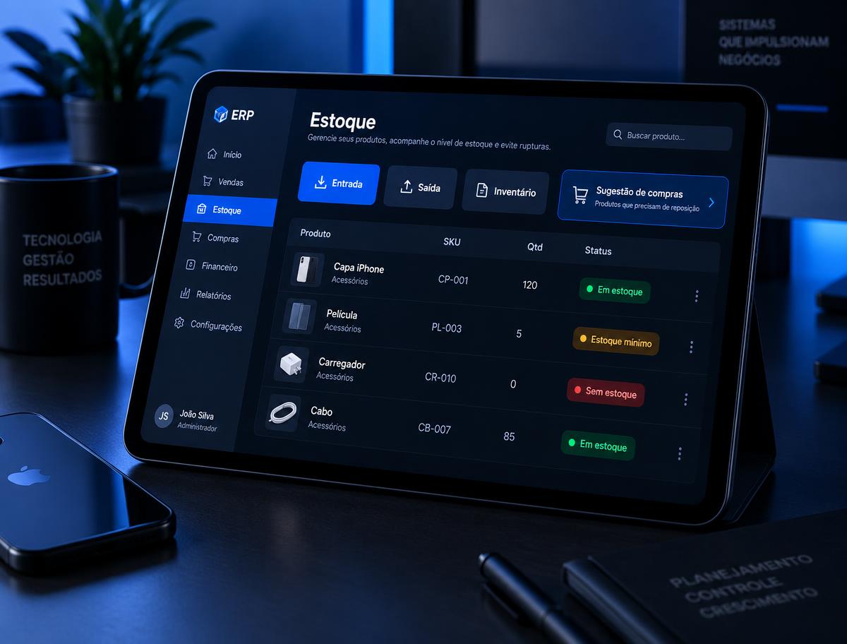 Tela de estoque do HB Info ERP em tablet com produtos, SKU, quantidade e status de estoque