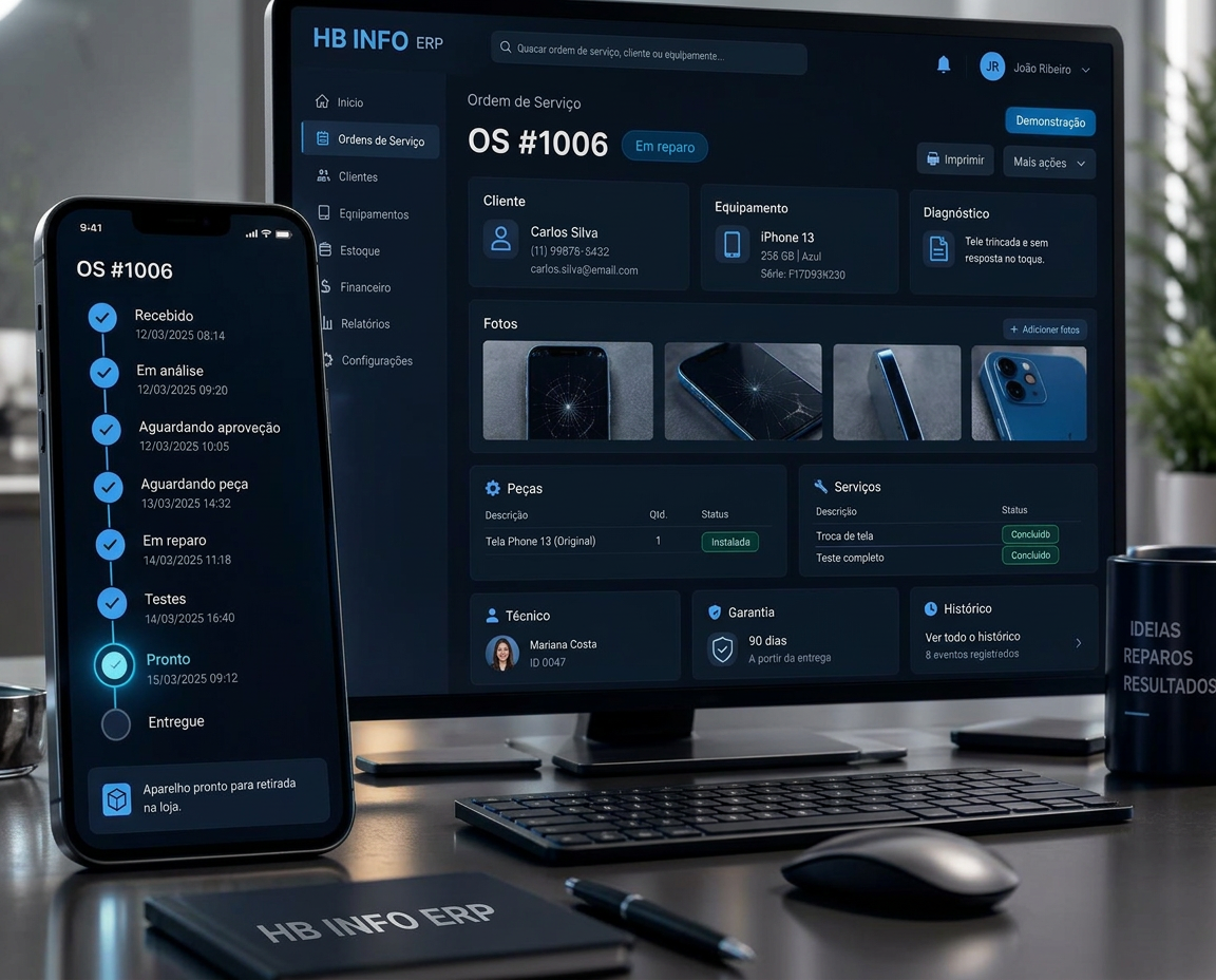Tela de Ordem de Serviço do HB Info ERP no monitor com cliente, equipamento, diagnóstico, fotos, peças e garantia, e celular com a linha do tempo da OS